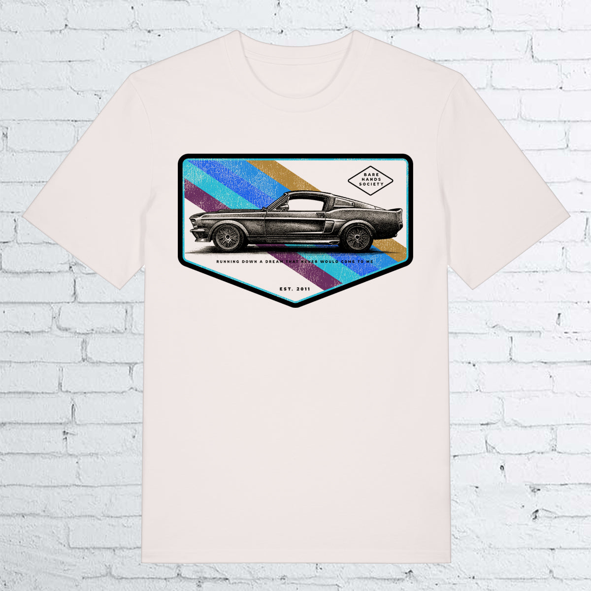 BARE HANDS SOCIETY "MUSTANG" ORGANIC COTTON UNISEX VINTAGE WHITE T-SHIRT