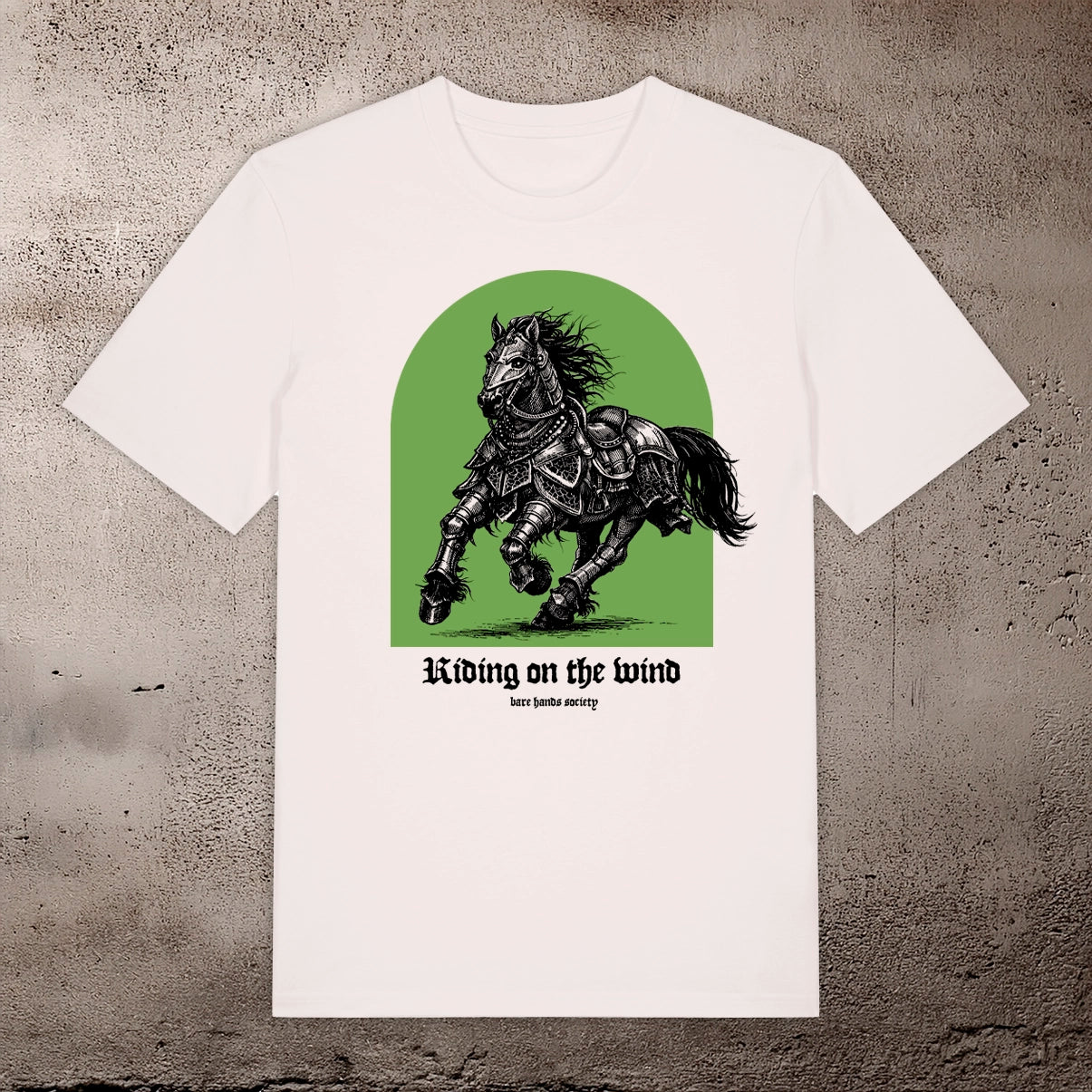 BHS "RIDING ON THE WIND GREEN" ORGANIC COTTON UNISEX VINTAGE WHITE T-SHIRT