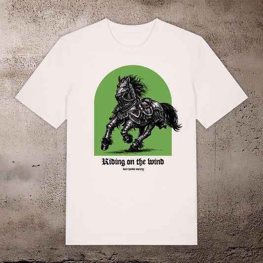 BHS "RIDING ON THE WIND GREEN" ORGANIC COTTON UNISEX VINTAGE WHITE T-SHIRT