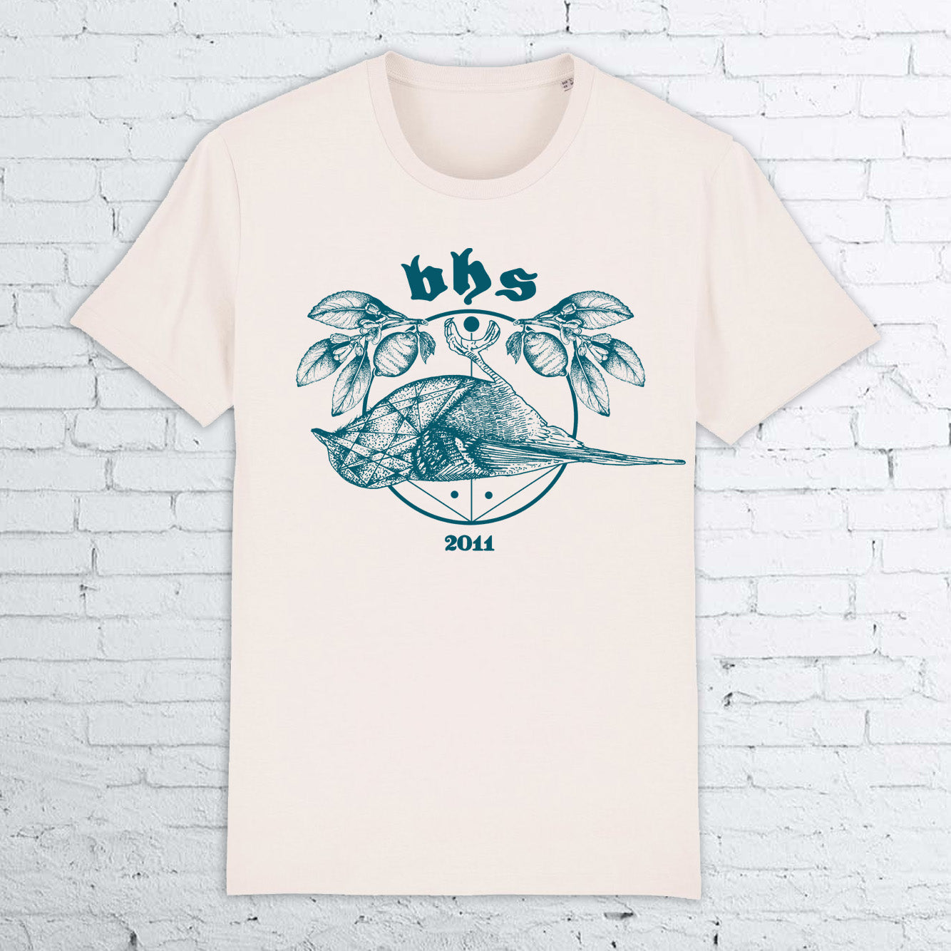 BARE HANDS SOCIETY "lemon bird" ORGANIC COTTON UNISEX vintage white T-SHIRT