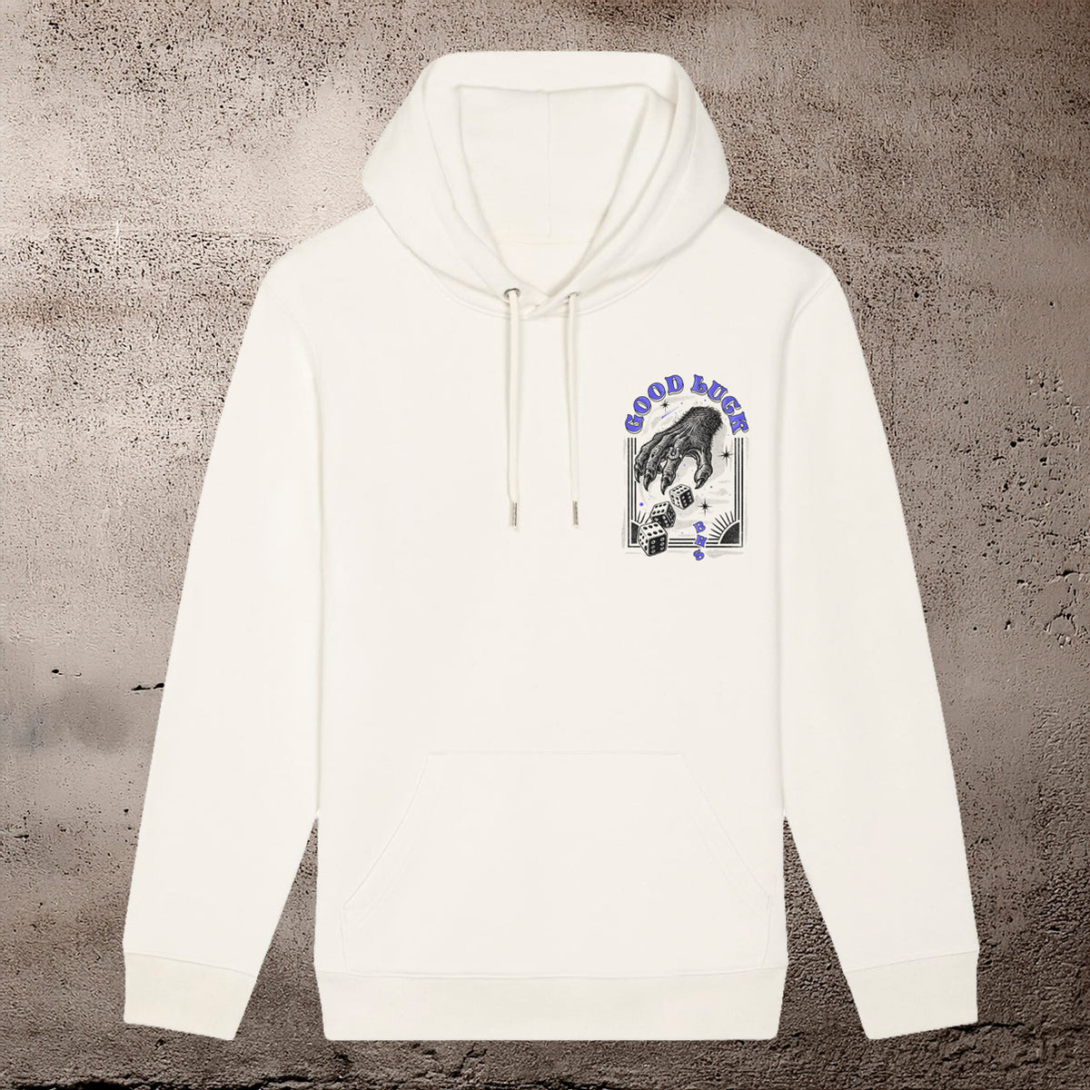 BHS "GOOD LUCK" RECYCLED ORGANIC COTTON UNISEX RAW WHITE HOODIE