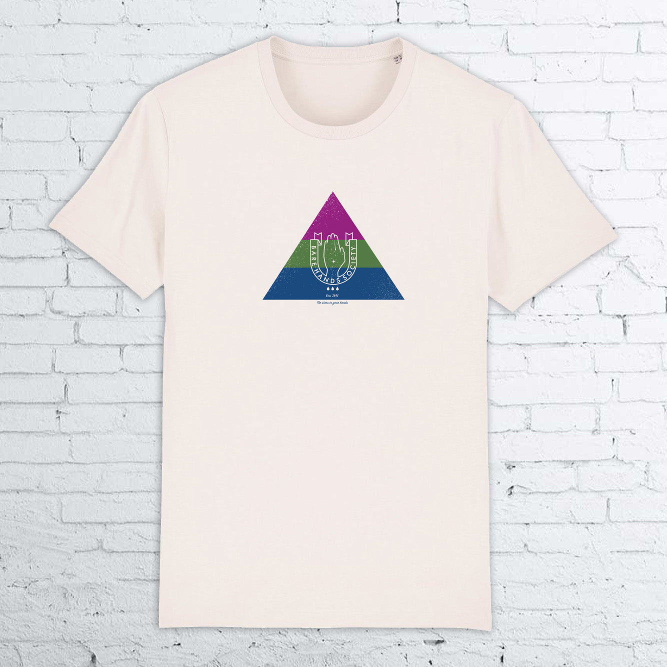 BHS THREE COLOUR TRIANGLE LOGO ORGANIC COTTON UNISEX NATURAL T-SHIRT