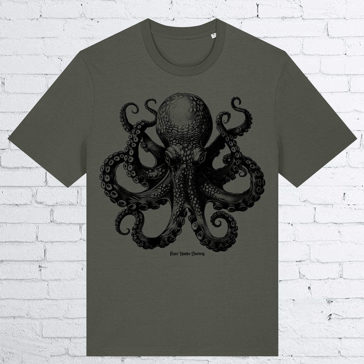 BARE HANDS SOCIETY "BLACK OCTOPUS" ORGANIC COTTON UNISEX KHAKI T-SHIRT