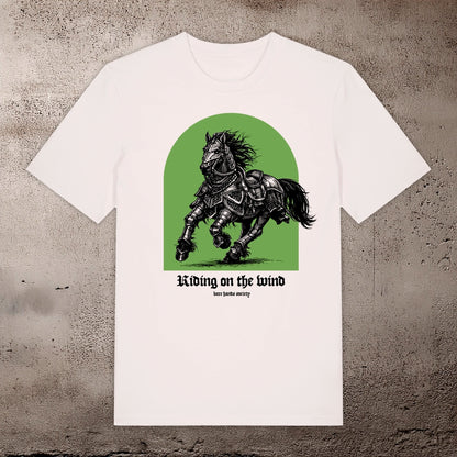 BHS "RIDING ON THE WIND GREEN" ORGANIC COTTON UNISEX VINTAGE WHITE T-SHIRT