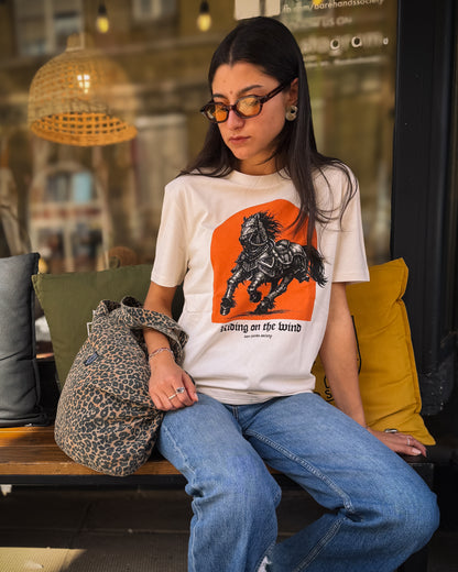 BHS "RIDING ON THE WIND ORANGE" ORGANIC COTTON UNISEX VINTAGE WHITE T-SHIRT