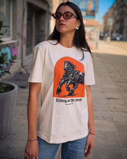 BHS "RIDING ON THE WIND ORANGE" ORGANIC COTTON UNISEX VINTAGE WHITE T-SHIRT