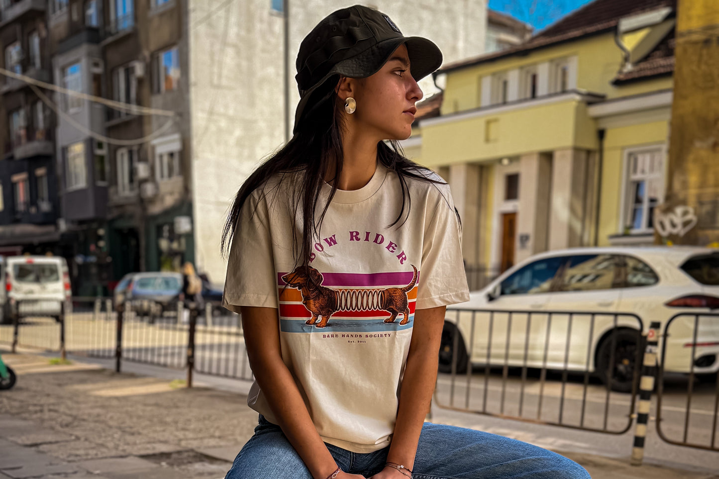 BHS "LOW RIDER" ORGANIC COTTON UNISEX VINTAGE WHITE T-SHIRT