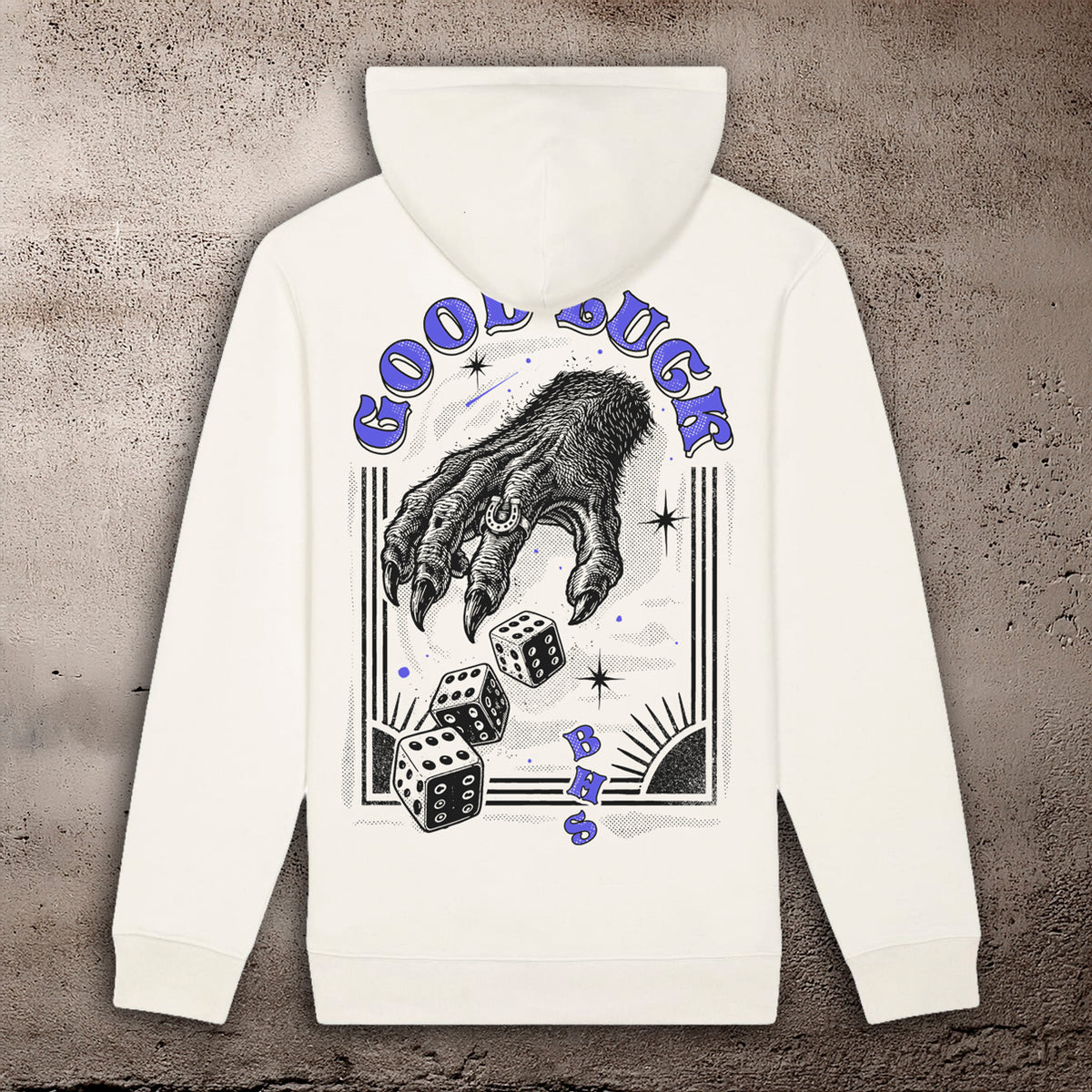 BHS "GOOD LUCK" RECYCLED ORGANIC COTTON UNISEX RAW WHITE HOODIE