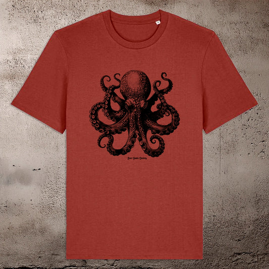BARE HANDS SOCIETY "BLACK OCTOPUS" ORGANIC COTTON UNISEX EARTHY RED T-SHIRT